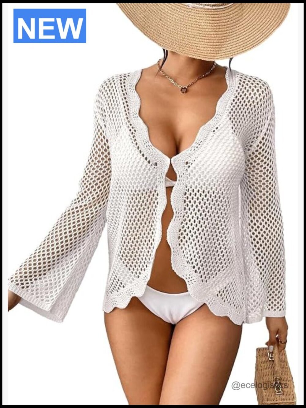 Crochet Knit Loose Fit Beach Coverup Open Front Ruffle Cardigan